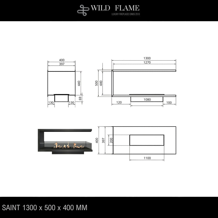 Dreiseitiger Bioethanol Einbaukamin U - SAINT 130