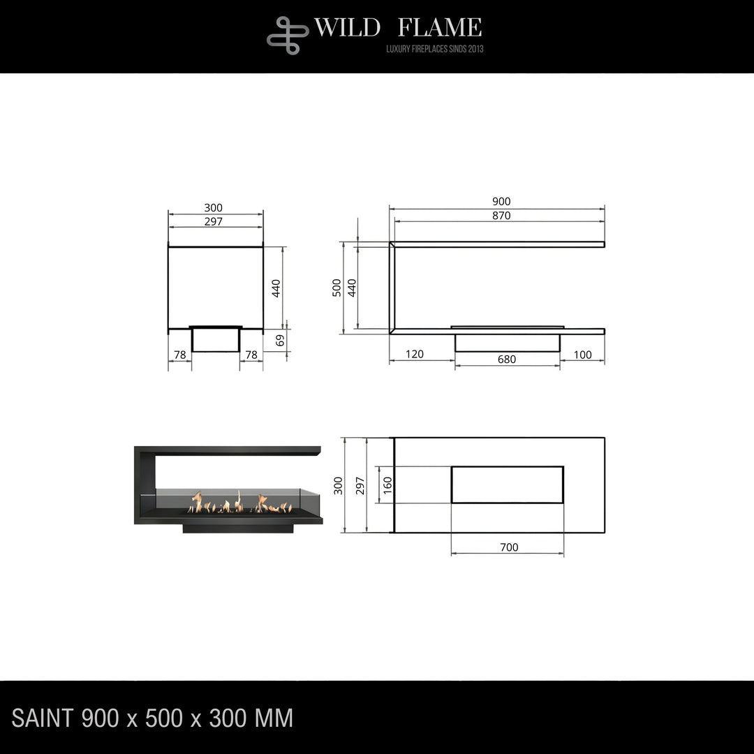 Dreiseitiger Bioethanol Einbaukamin U - SAINT 90
