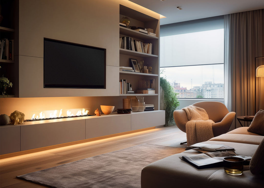 bioethanol-einbaubrenner-glas-infire-slimfire-wave-150cm-lowboard-wohnwand-beige-fernseher-tv-minimalistisch