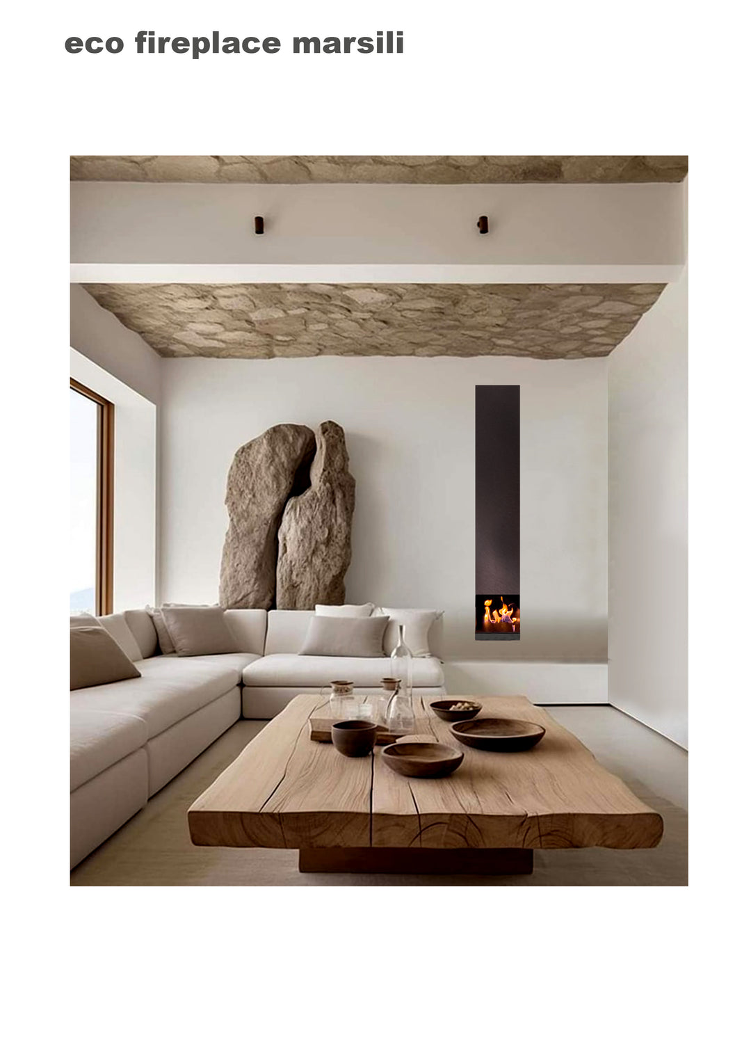 bioethanol-haengekamin-decke-deckenmontage-ethanolkamin-marisili-s-form-schwarz-stahl-mit-flammen-minimalistisches-wohnzimmer-cremefarben-massivholztisch-steindecke-sofa