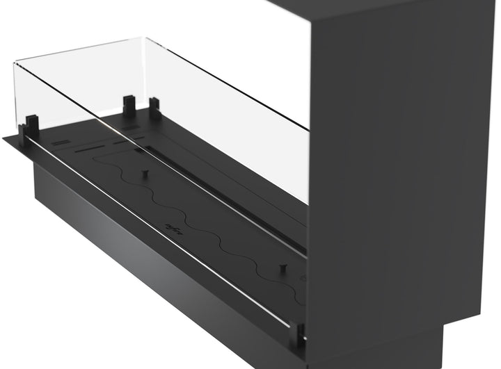 Dreiseitiger Bioethanol Einbau Ofen Kamin Modell InSide Slim U 100 Nahaufnahme seitlich Ethanolbrenner und Glas