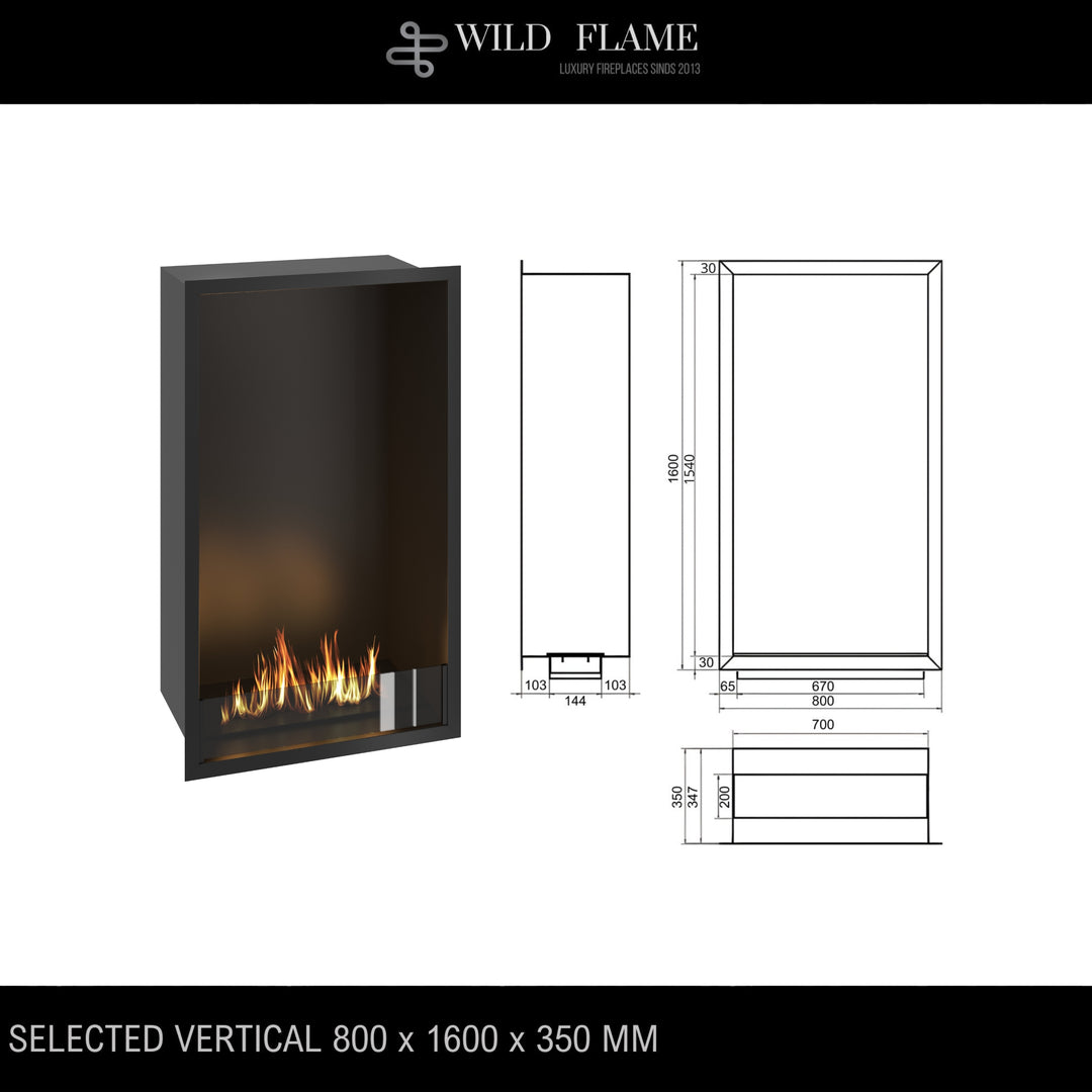 Technische Zeichnung für Bioethanol Einbau Kamin Ofen SELECTED Vertikal 80x160x35cm von Wild Flame