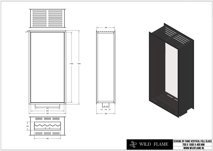 Technische Zeichnung für Bioethanol Einbau Kamin Zweiseitig und Vertikal für Raumteiler mit Vollverglasung Vollglas FAME 70x160cm von Wild Flame